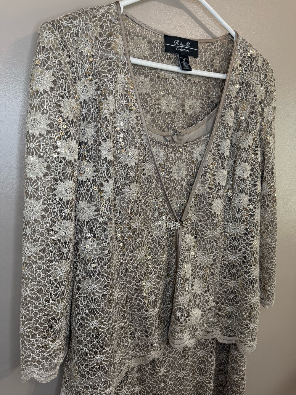 R&M Richards 2 Piece Taupe Gold‎ Sequin Lace Mother of Bride Dress Jacket Set 12 - Picture 3 of 16